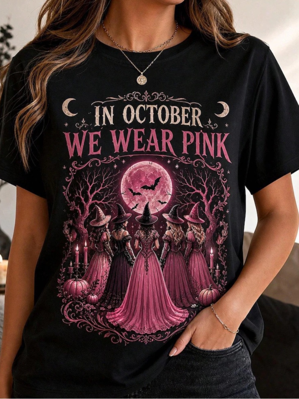 Women’s Black Graphic Tee, In October We Wear Pink T- Shirt